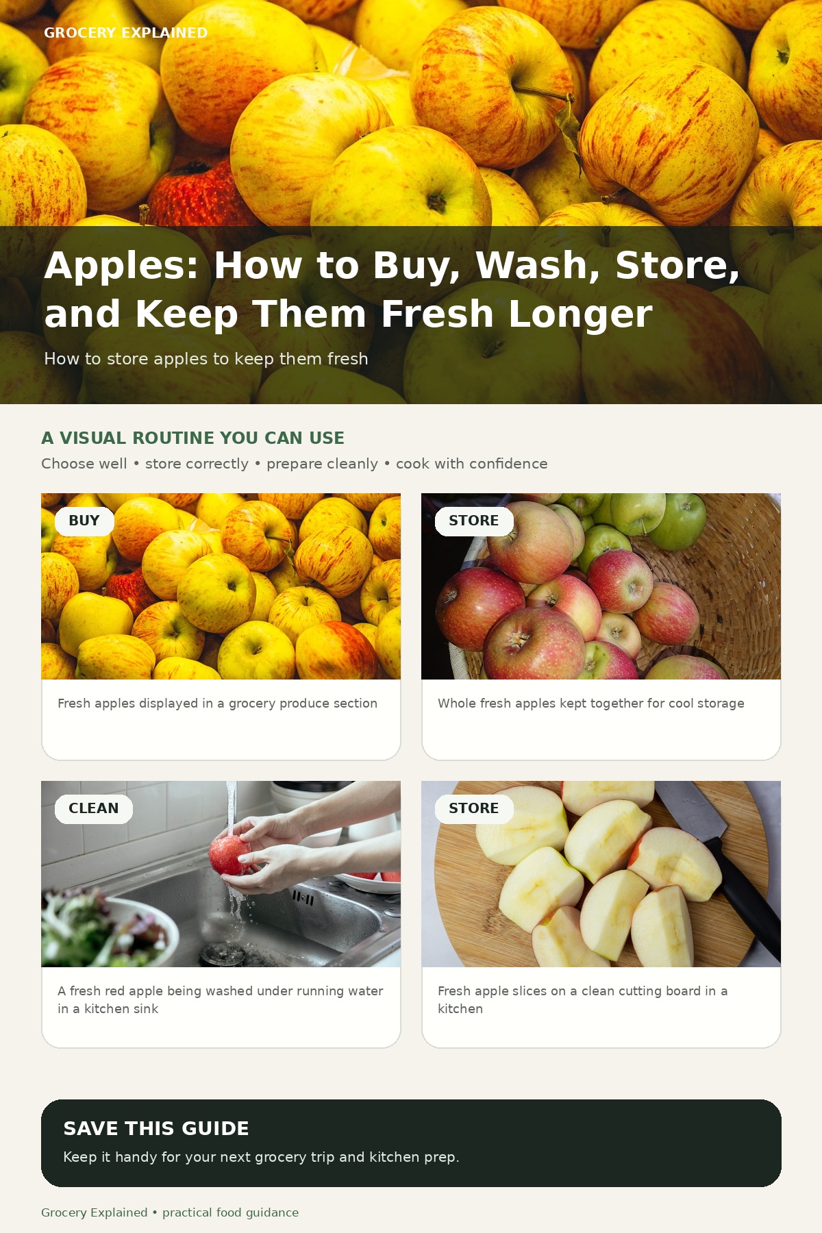 Apple guide summary covering shopping, refrigeration, washing, and cut-fruit storage
