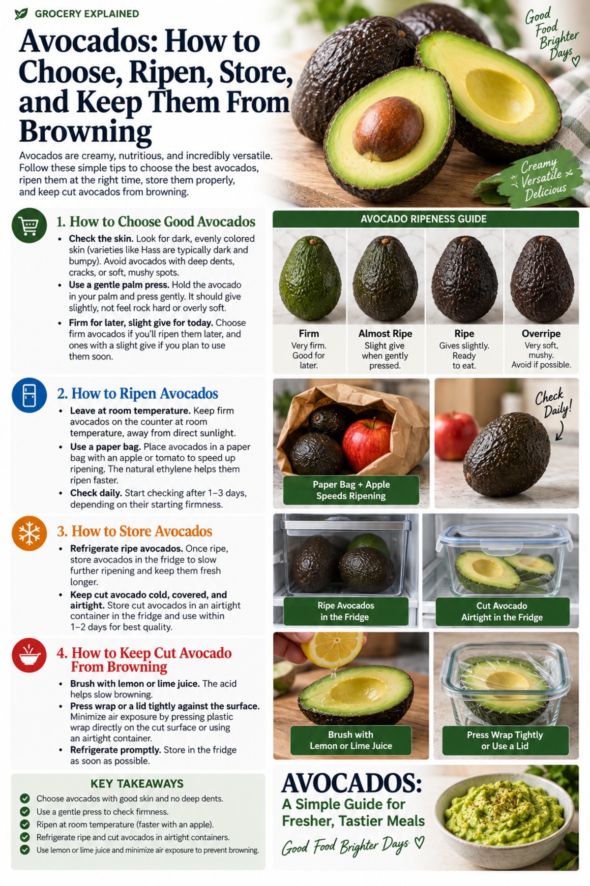 Avocado guide summarizing how to choose, ripen, refrigerate, cut, and store avocados