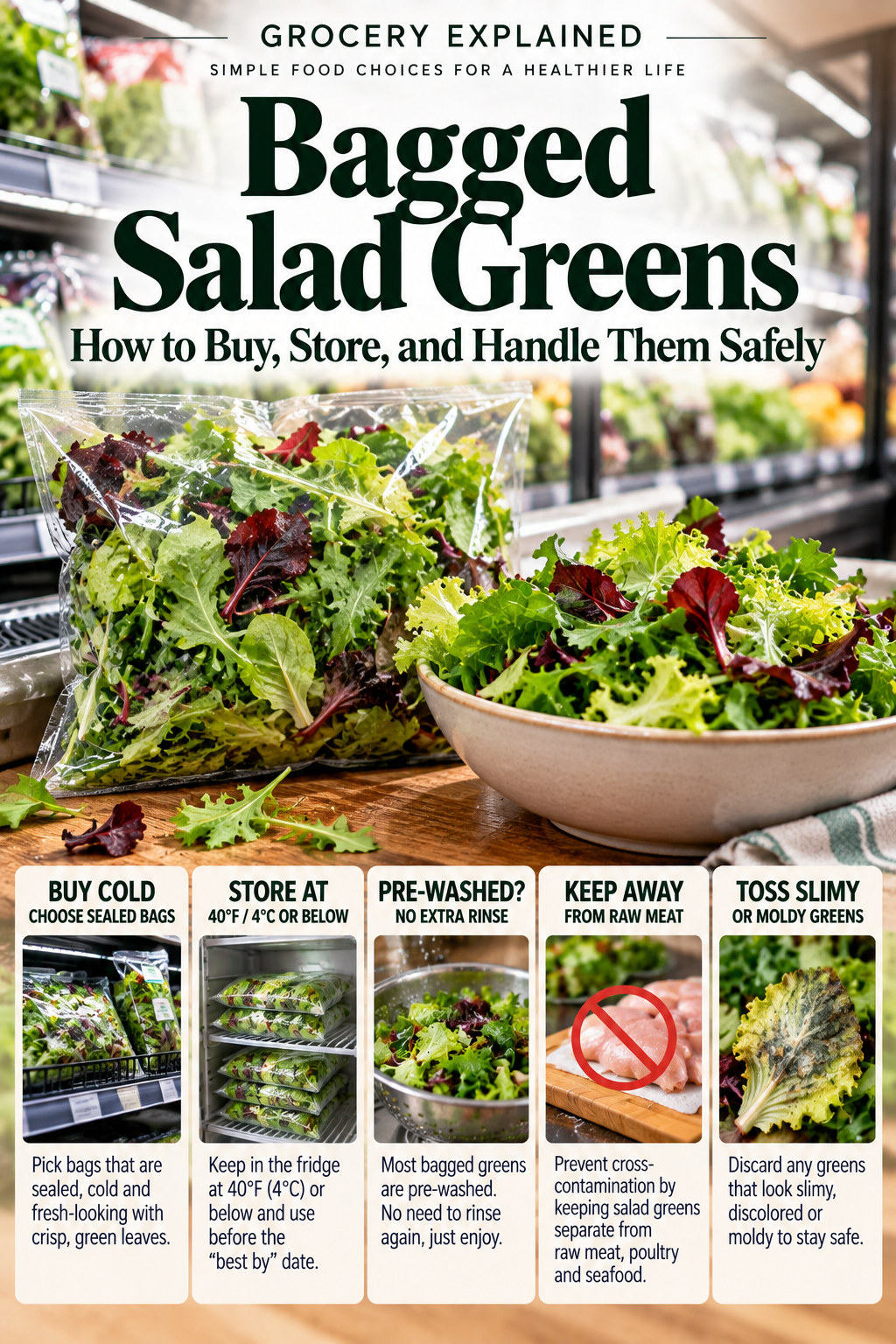Photographic bagged salad greens magazine guide to buying cold, storing at 40°F, pre-washed labels, avoiding raw-meat contamination, and discarding spoiled greens