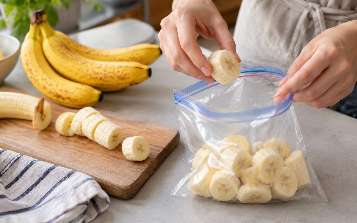 Peeled banana pieces being packed into a freezer-safe bag in a home kitchen