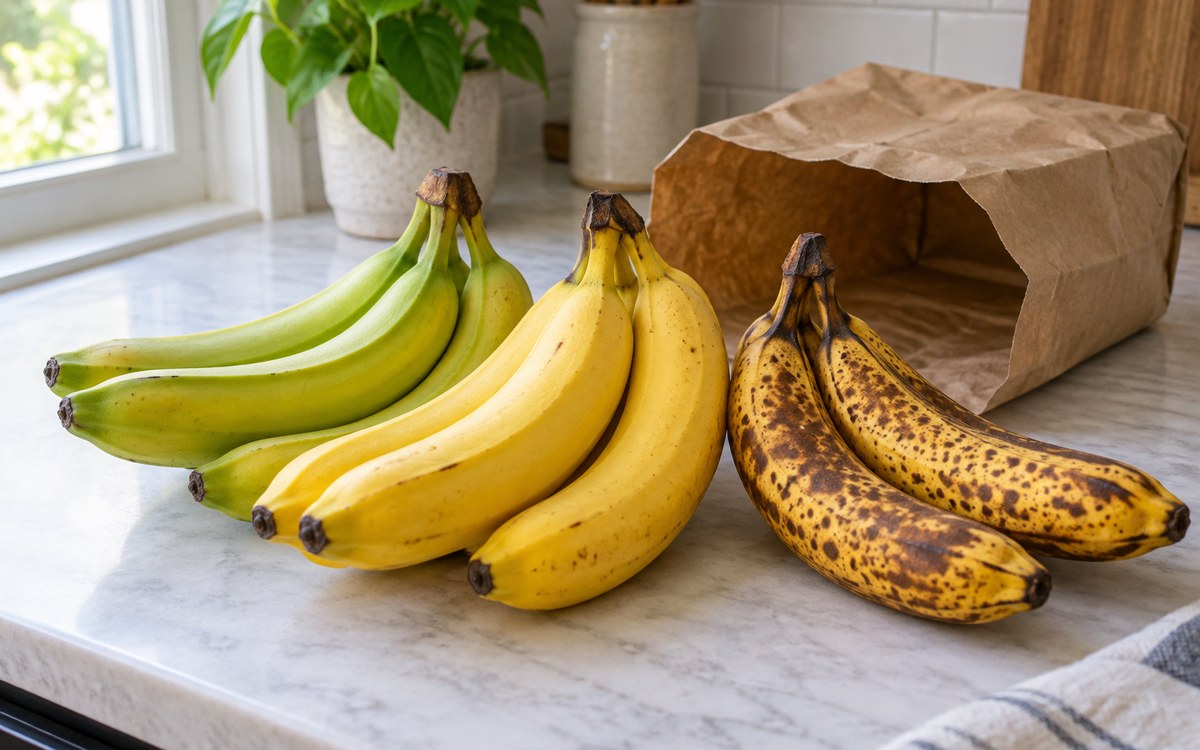Bananas at several ripeness stages beside a brown paper bag on a kitchen counter