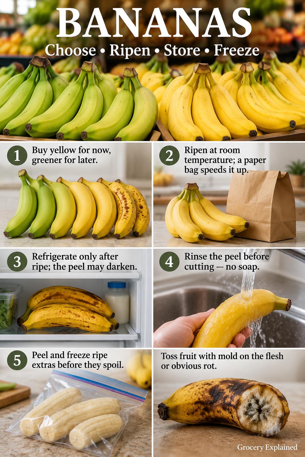 Photographic Grocery Explained guide to choosing, ripening, refrigerating, freezing, and checking bananas for spoilage