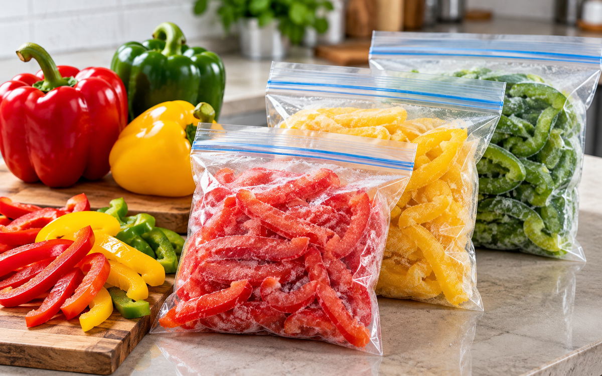 Portioned bell pepper strips prepared in labeled freezer bags on a kitchen counter