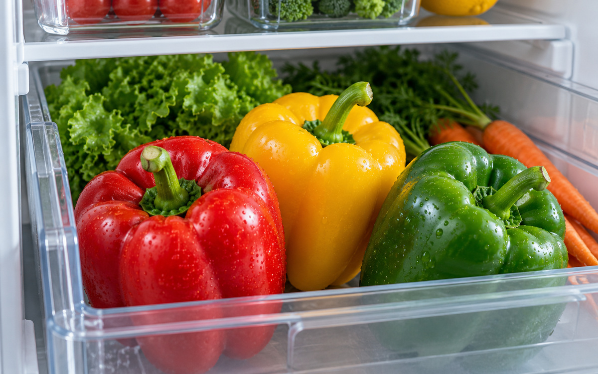 Whole red yellow and green bell peppers stored in a clean refrigerator crisper drawer