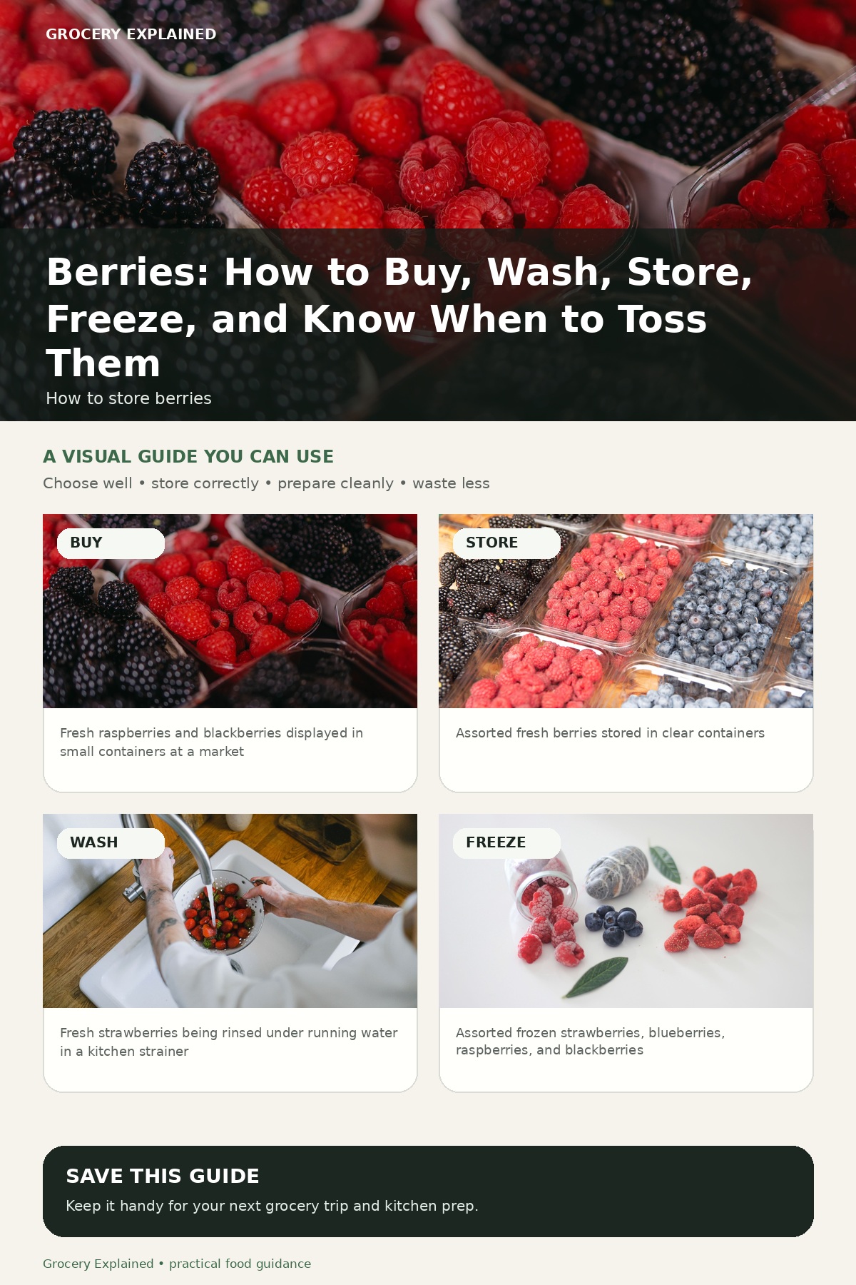Photographic Grocery Explained guide to buying, washing, storing, freezing, and discarding moldy berries