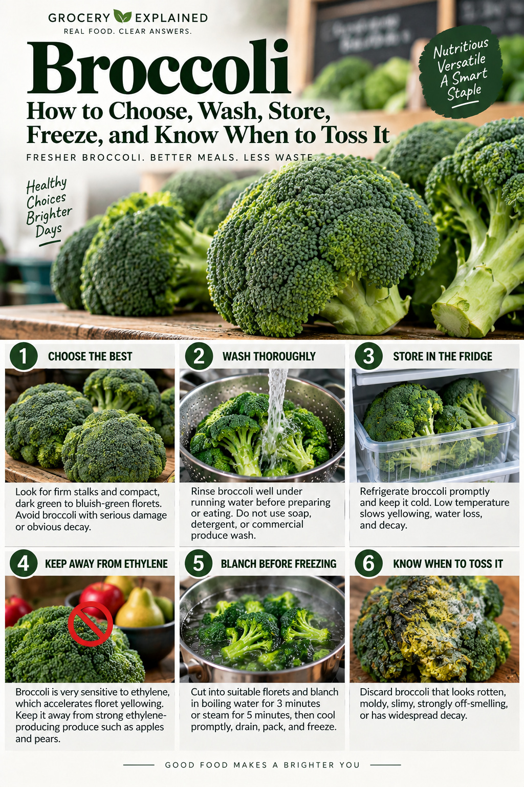 Photographic Grocery Explained guide to choosing, washing, storing, freezing, and discarding broccoli