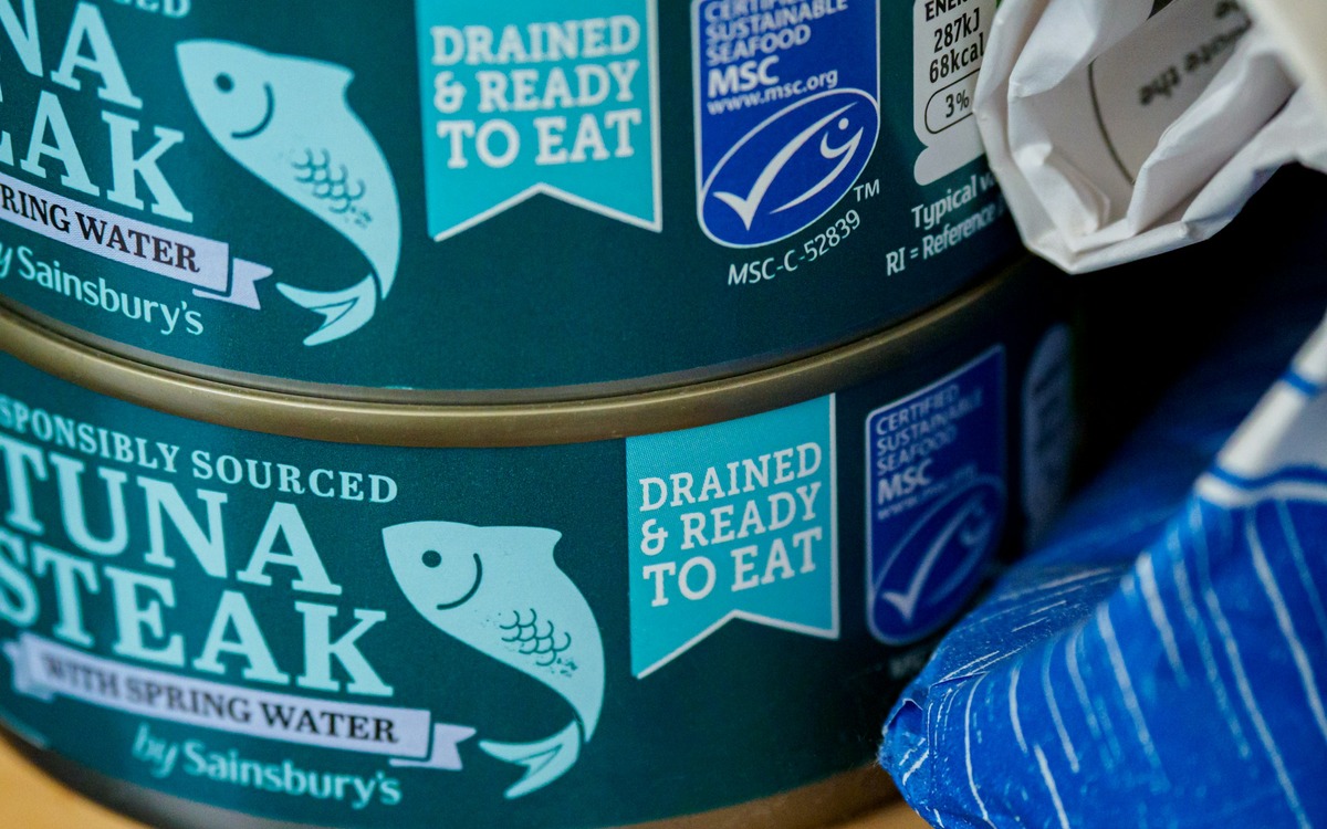 Close-up of canned tuna packaging on a kitchen surface