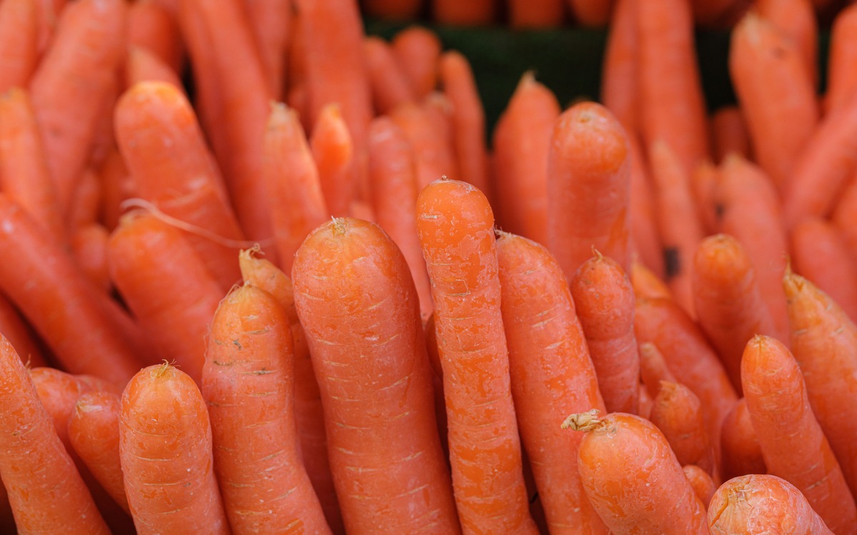 Fresh carrots displayed at a market for shoppers to choose from