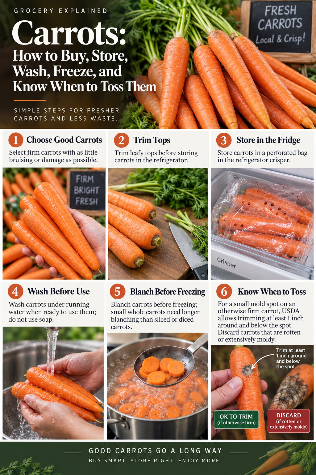 Photographic Grocery Explained guide to buying, storing, washing, freezing, and checking carrots for spoilage