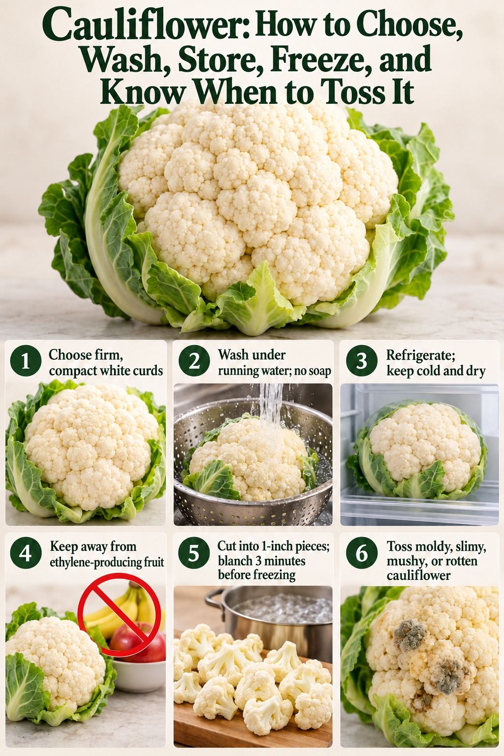 Photographic Grocery Explained guide to choosing, washing, storing, freezing, and discarding cauliflower