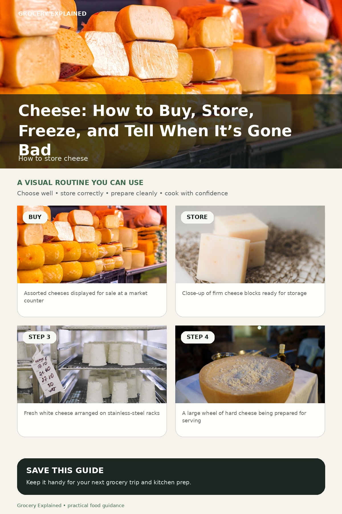 Cheese storage guide covering shopping, refrigeration, mold, freezing, and spoilage checks