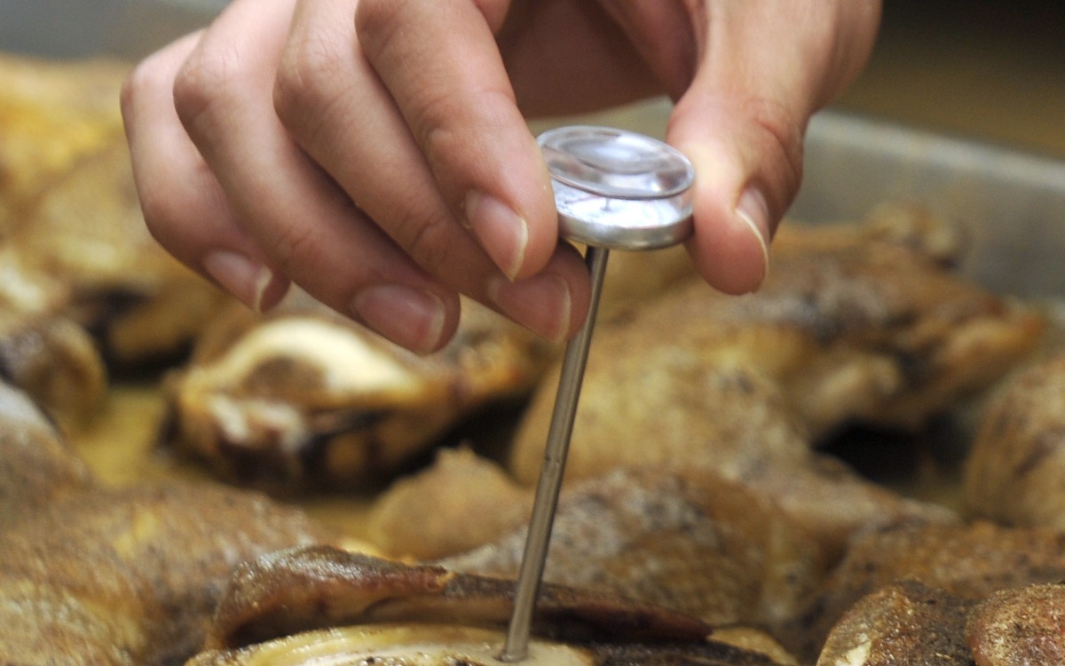 Food thermometer being used to check cooked chicken for a safe internal temperature