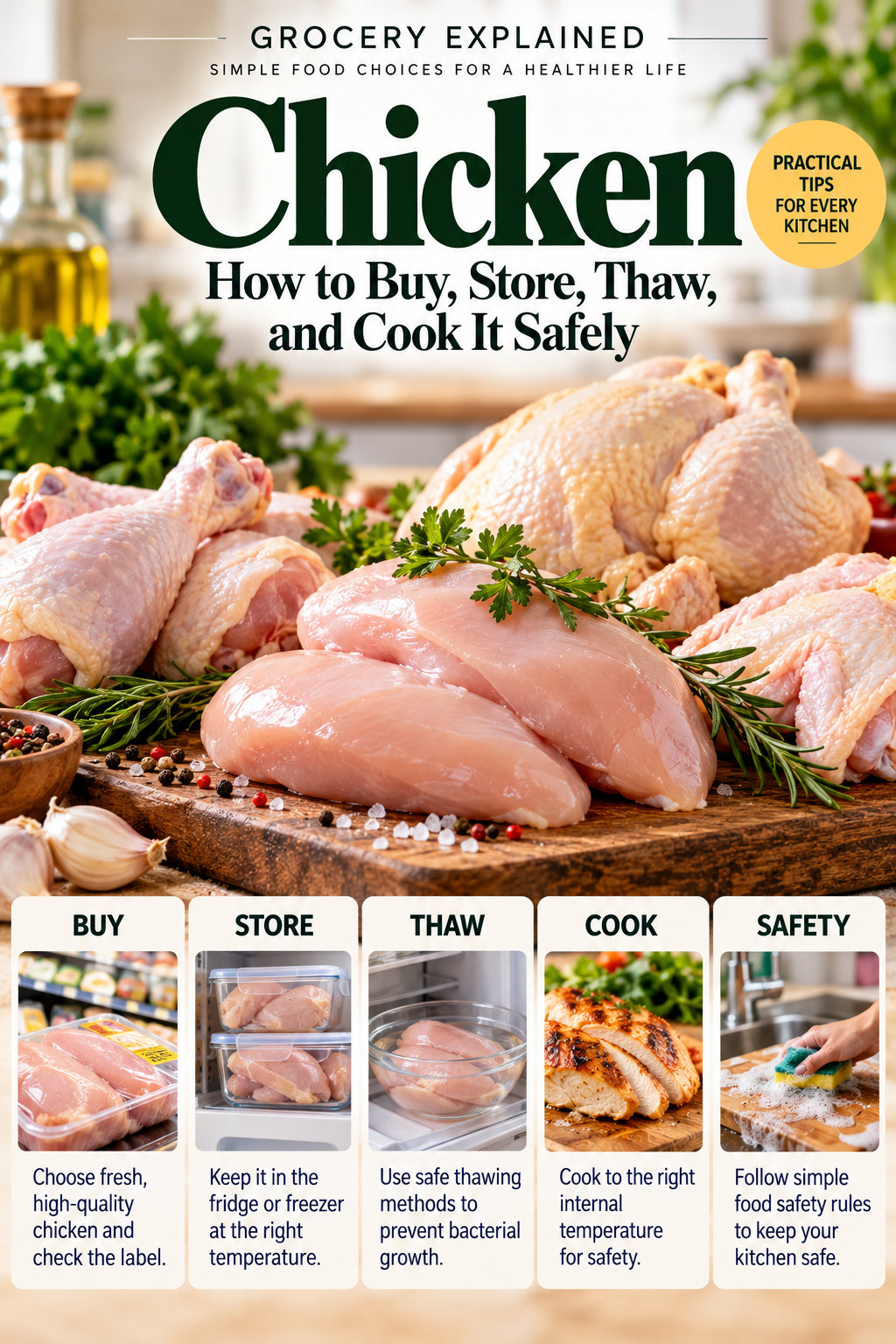 Chicken safety summary covering buying, refrigeration, thawing, cooking to 165°F, and leftovers