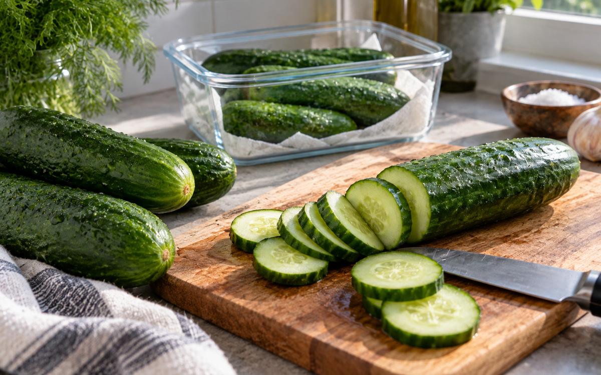 Fresh cucumber being sliced on a wooden cutting board in a bright kitchen
