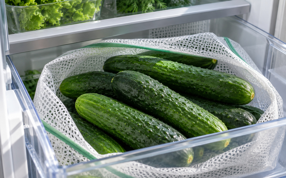 Whole cucumbers stored in a breathable mesh bag inside a refrigerator crisper drawer