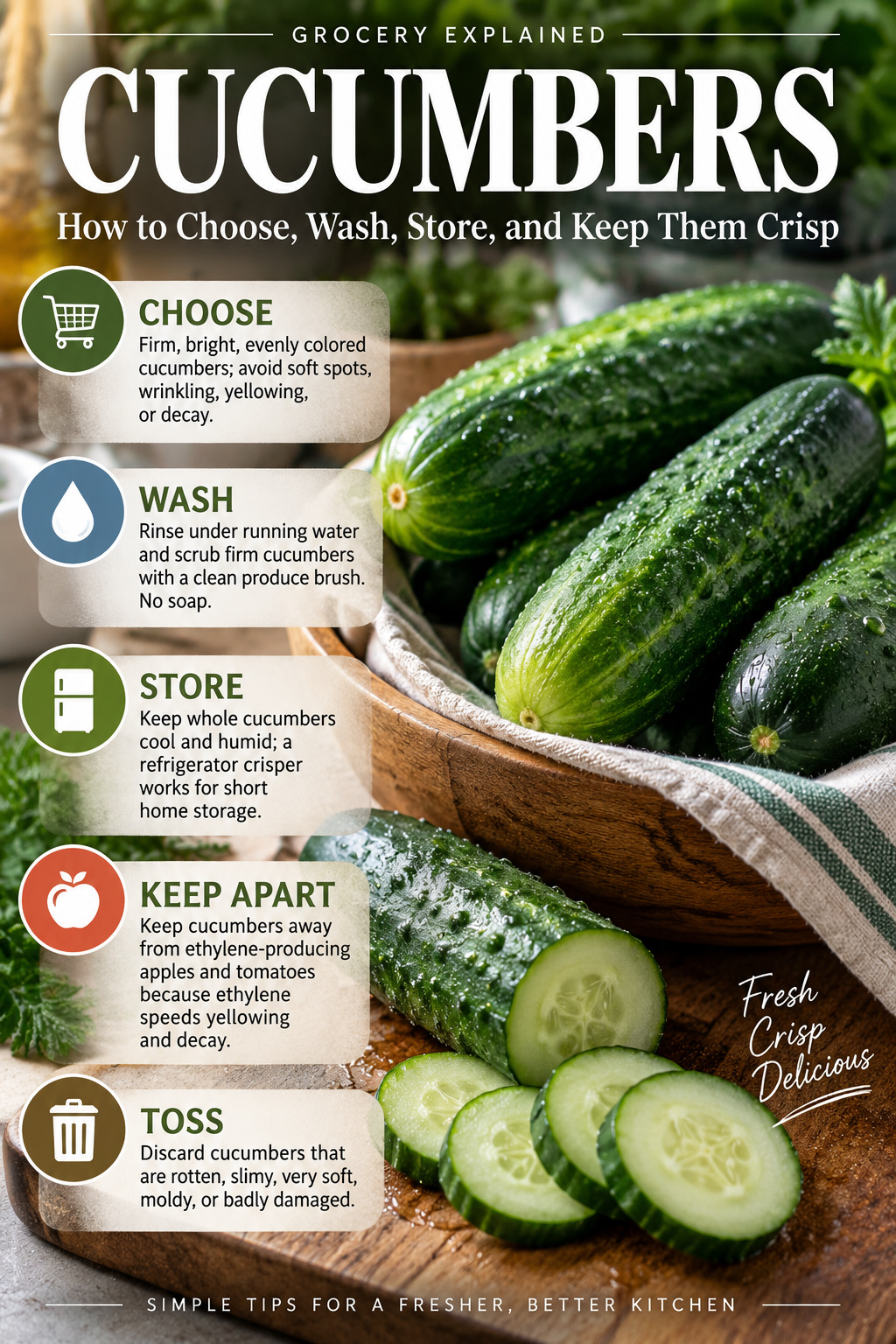 Photographic Grocery Explained guide to choosing, washing, storing, and keeping cucumbers crisp