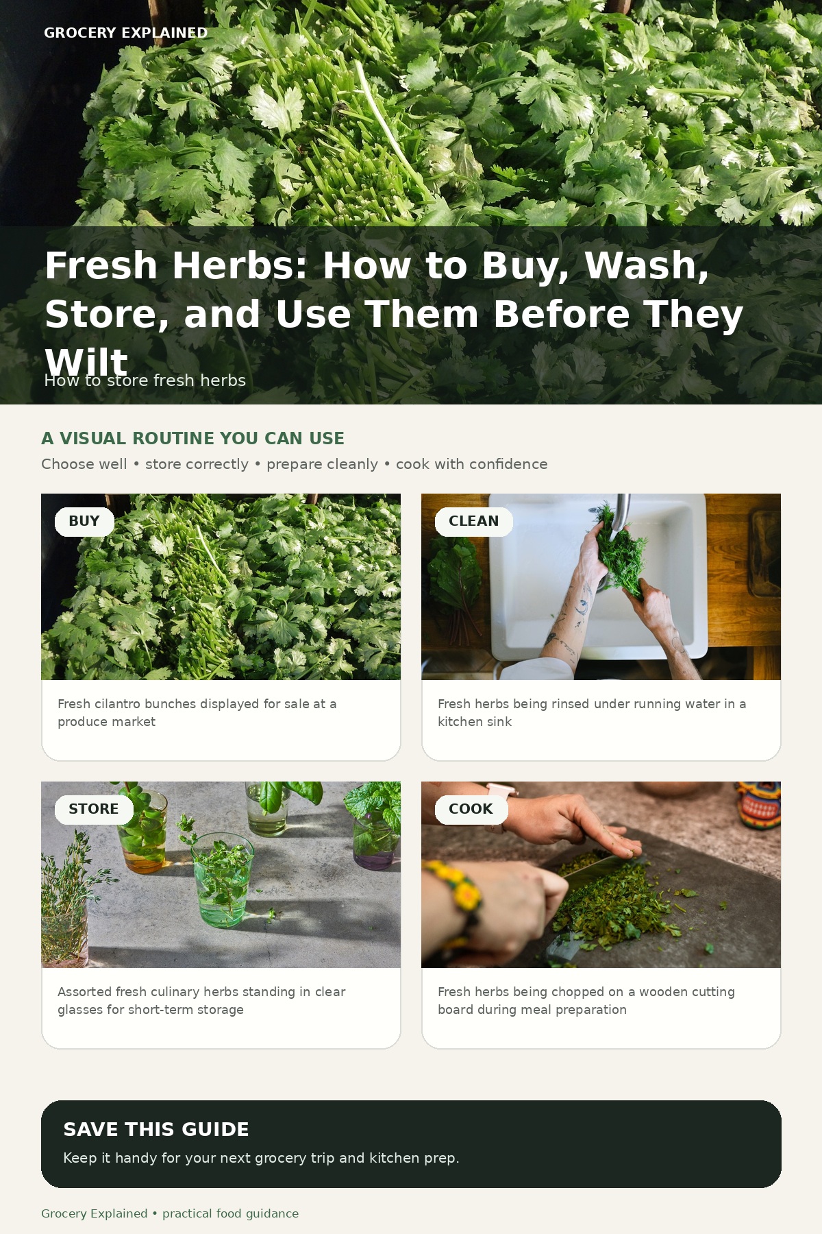 Fresh herb storage guide summarizing buying, washing, refrigeration, storage methods, and freezing