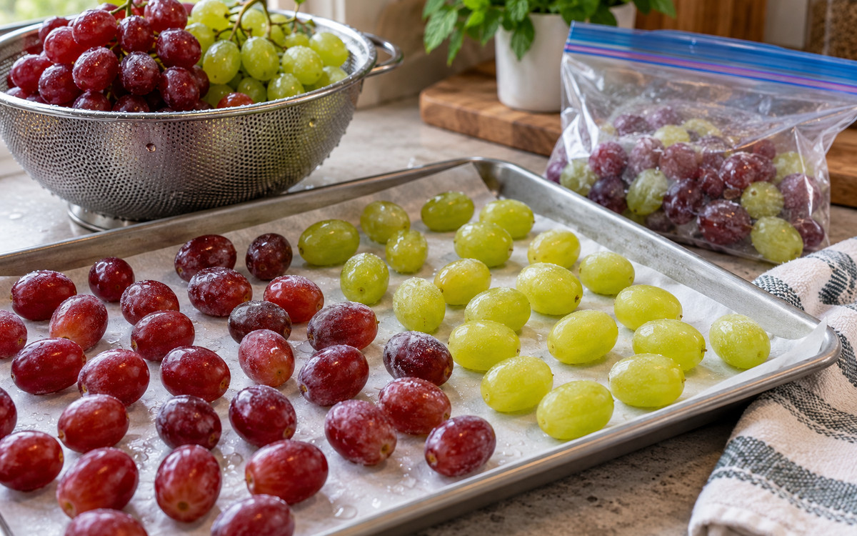 Washed red and green grapes arranged on a tray before freezing