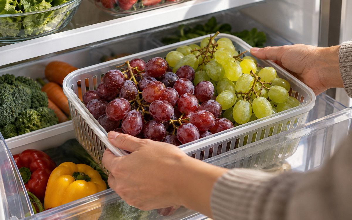Red and green grapes being placed in a ventilated container inside a refrigerator