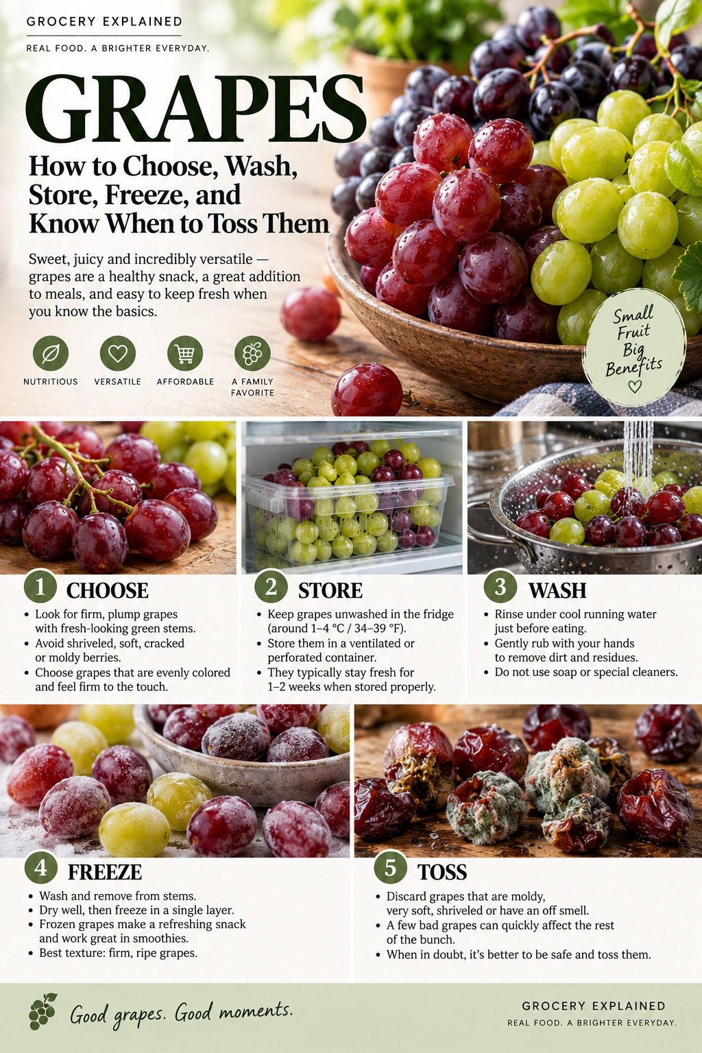 Photographic Grocery Explained guide to choosing, storing, washing, freezing, and checking grapes for spoilage
