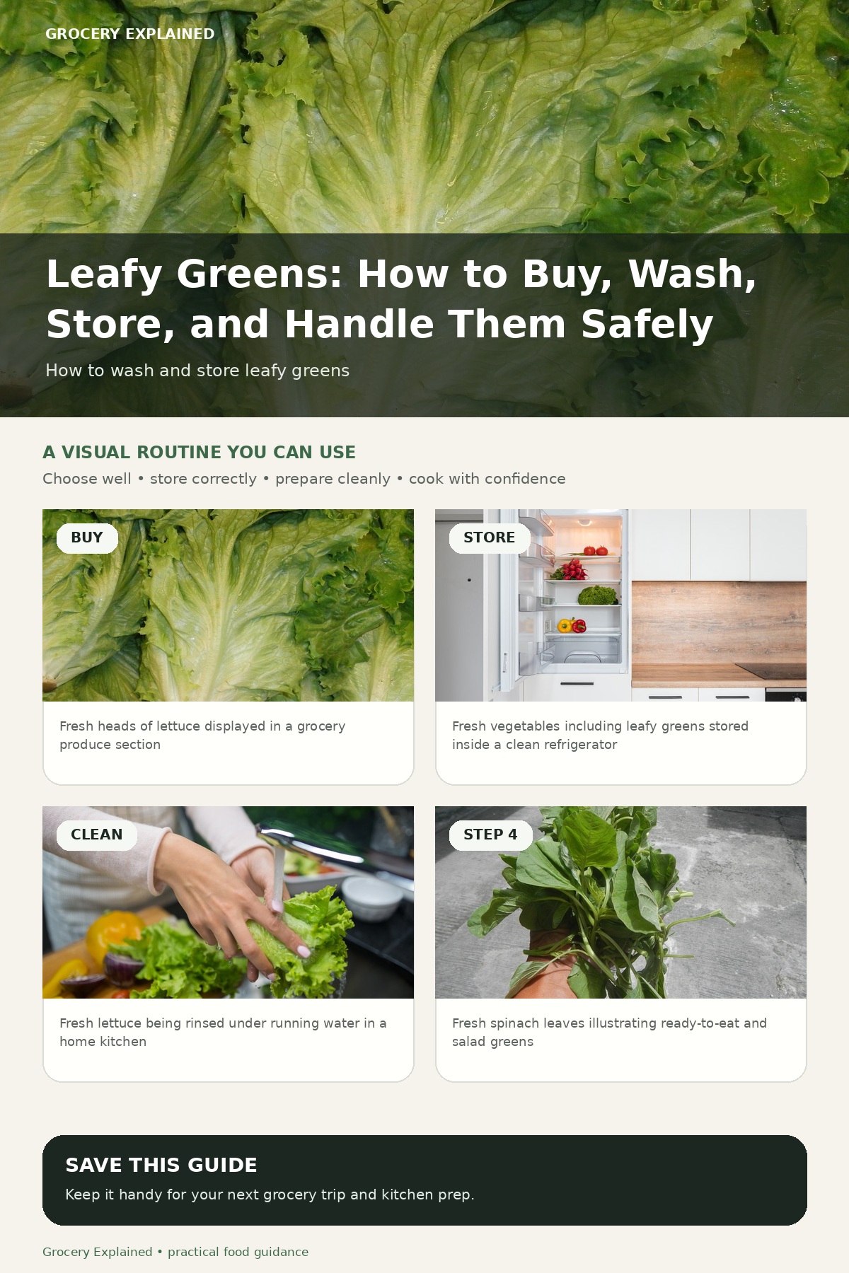 Leafy greens guide summary covering buying, refrigeration, washing, and safe handling