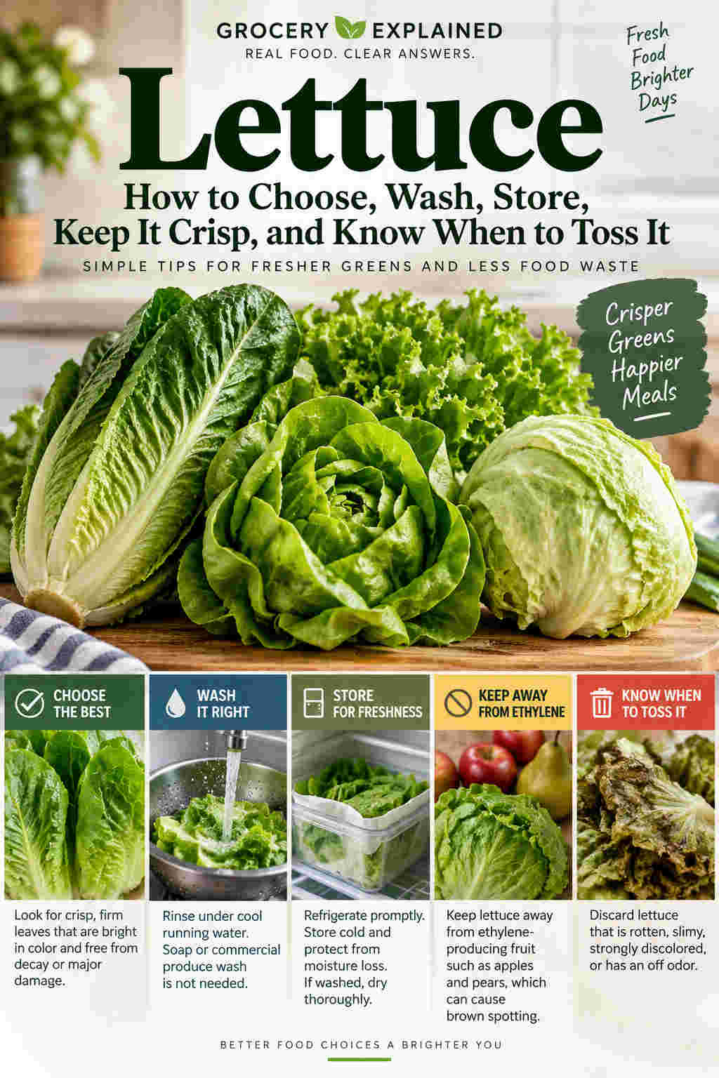 Photographic Grocery Explained guide to choosing, washing, storing, keeping lettuce crisp, and knowing when to discard it