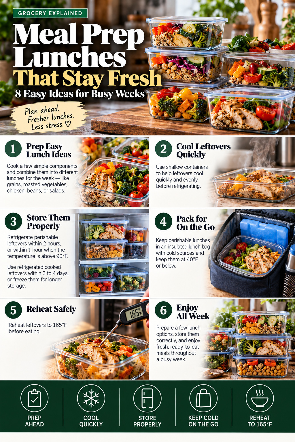 Photographic Grocery Explained guide to meal prep lunches, rapid cooling, refrigerator storage, cold packing, and safe reheating