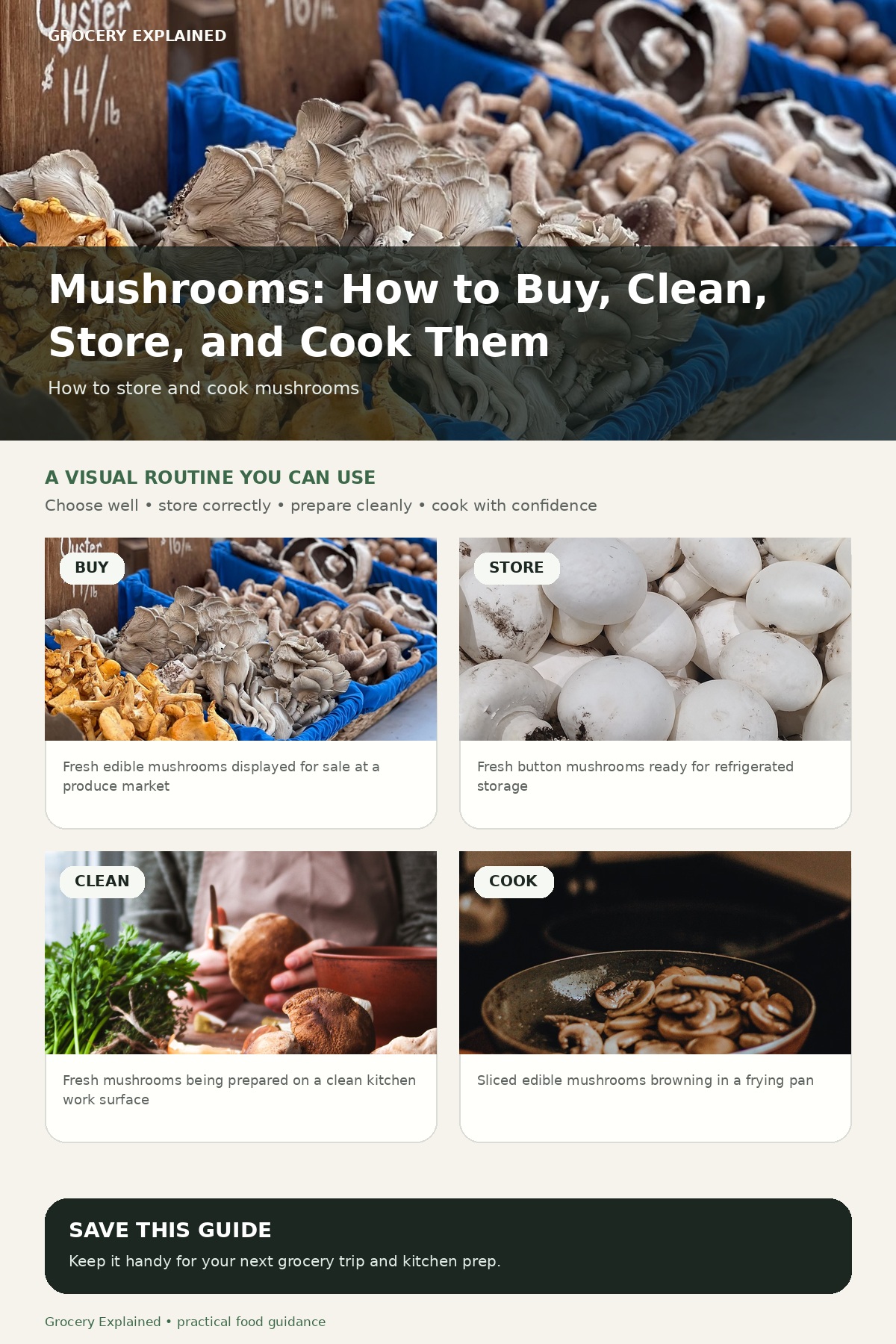 Mushroom guide summary covering buying, refrigerated storage, cleaning, and cooking