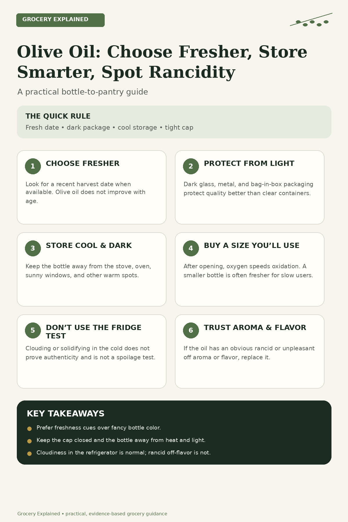 Olive oil guide with six practical tips for choosing fresher oil, protecting it from light, storing it cool and dark, and spotting rancidity