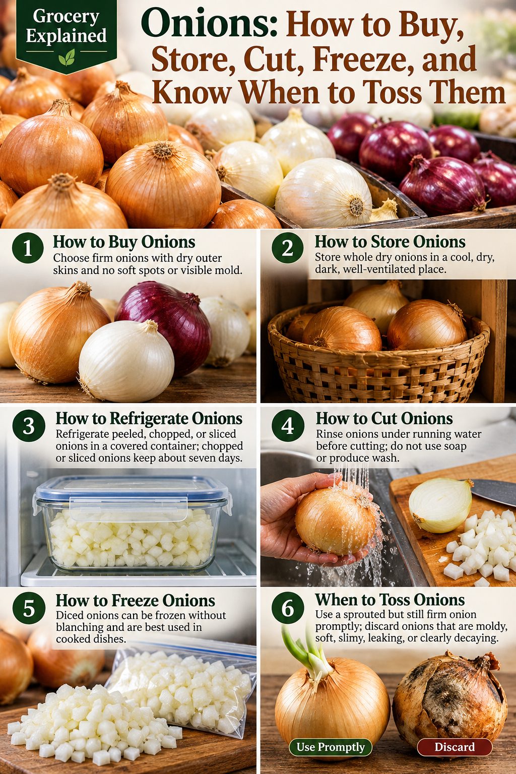 Photographic Grocery Explained guide to buying, storing, cutting, freezing, and checking onions for spoilage