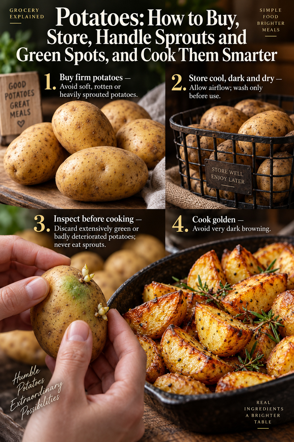 Photographic guide to buying and storing potatoes, handling sprouts and green spots, and cooking potatoes to a golden color
