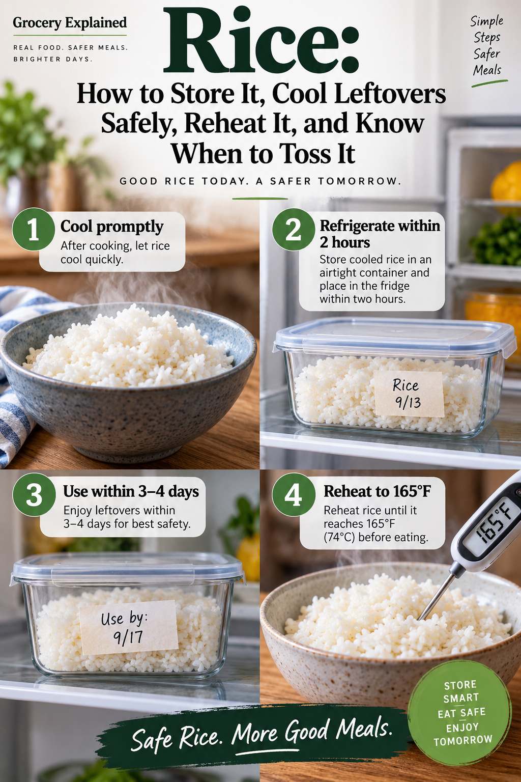 Photographic Grocery Explained guide to storing dry rice, cooling cooked rice safely, refrigerating leftovers, and reheating rice