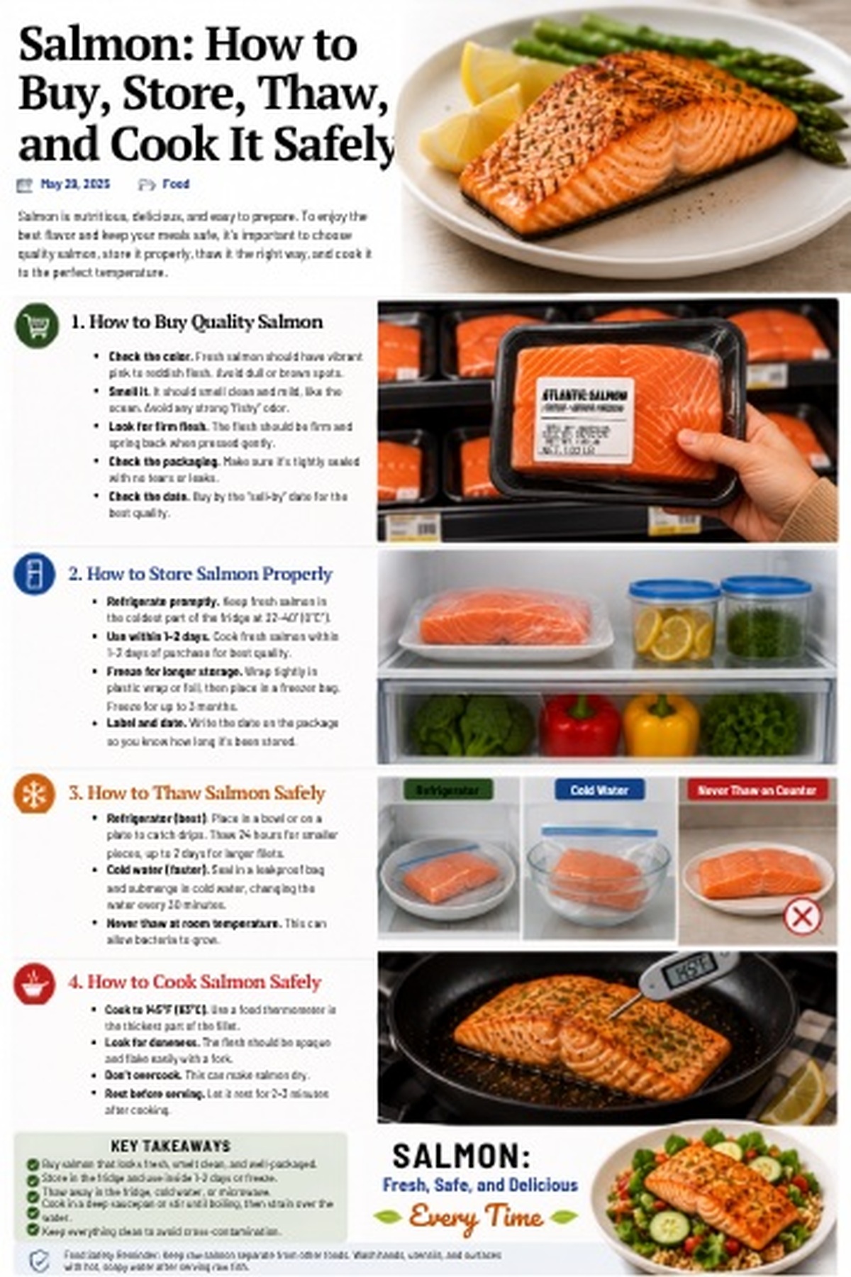 Salmon safety summary covering shopping, refrigeration, thawing, cooking, and serving
