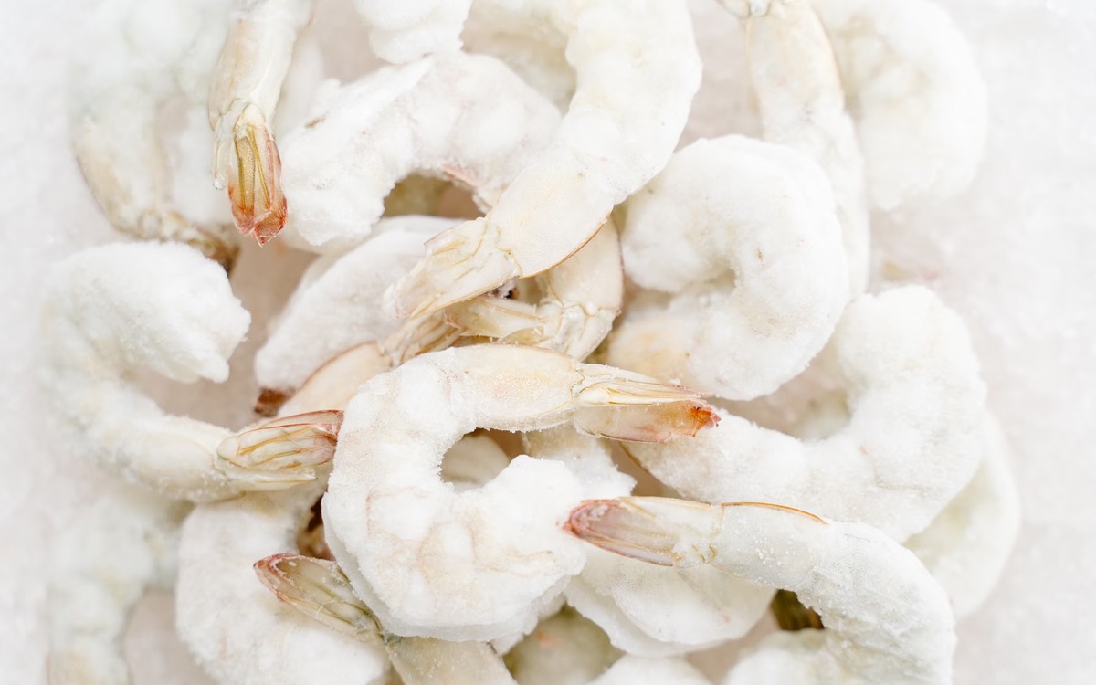 Frozen shrimp representing safe cold storage for seafood