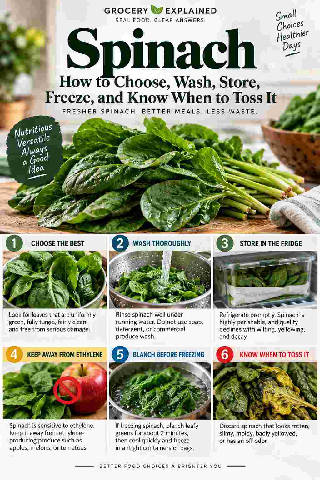 Photographic Grocery Explained guide to choosing, washing, storing, freezing, and discarding spinach