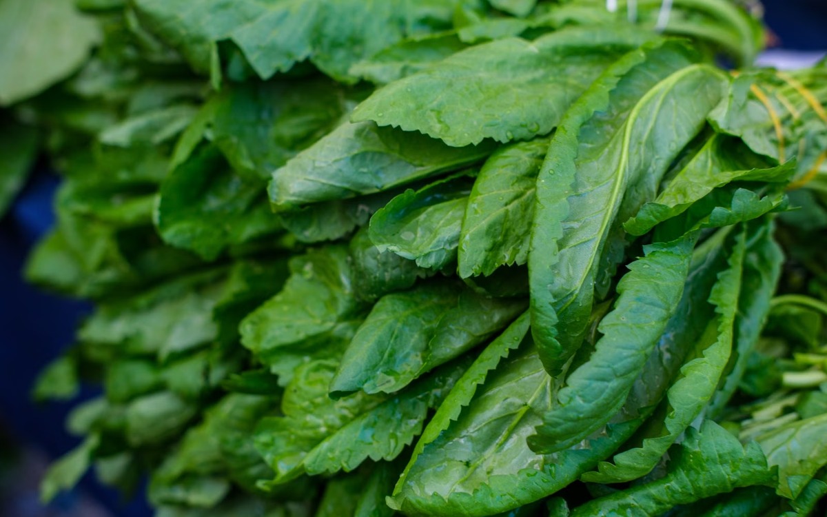 Fresh green spinach leaves displayed at a produce market