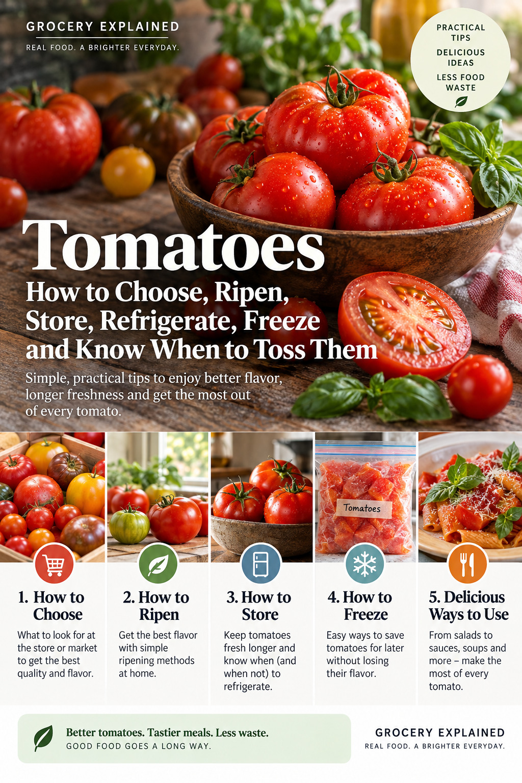 Photographic Grocery Explained guide to choosing, ripening, storing, refrigerating, freezing, and checking tomatoes for spoilage