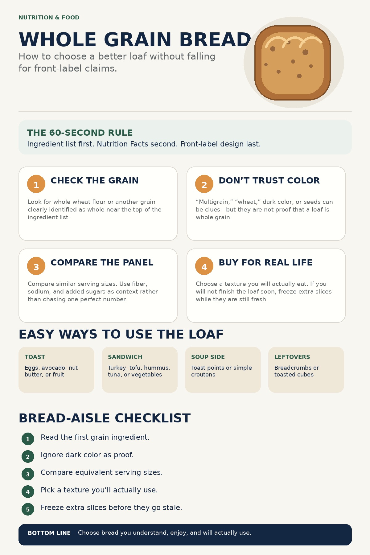 Whole grain bread shopping guide summarizing ingredient checks, label comparison, meal uses, and storage tips