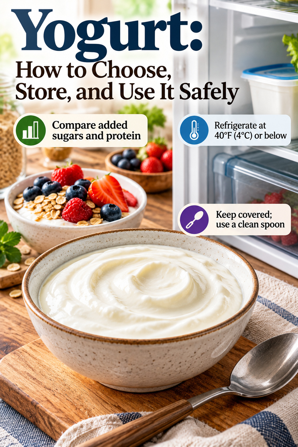 Yogurt guide summary showing how to choose, store, and use yogurt safely