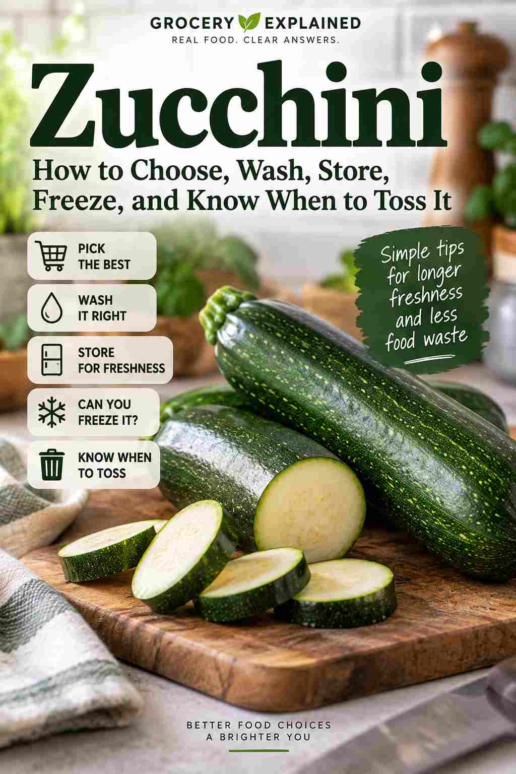 Photographic Grocery Explained guide to choosing, washing, storing, freezing, and checking zucchini for spoilage